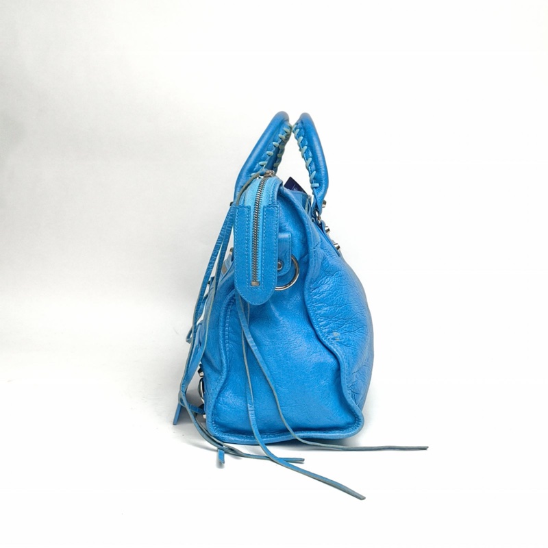 BALENCIAGA CLASSICCITY機車包中號38藍色羊皮銀扣-1
