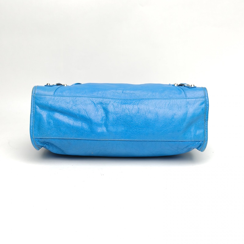 BALENCIAGA CLASSICCITY機車包中號38藍色羊皮銀扣-3