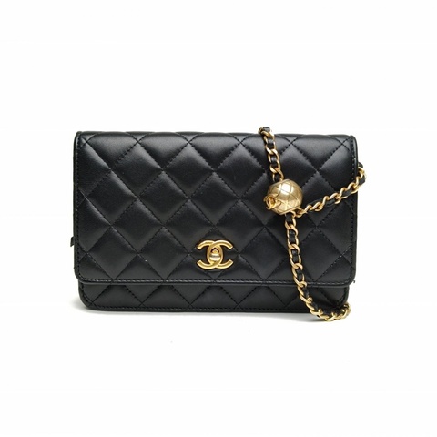 CHANEL CFWOC黑色羊皮晶片金扣金球調節扣