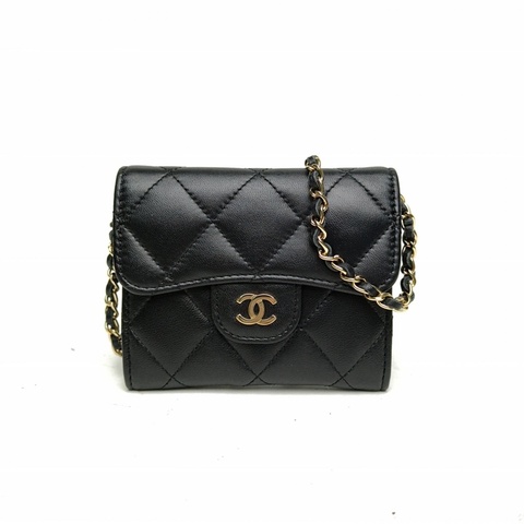 CHANEL 黑色羊皮30開金扣CFmini卡包斜挎包