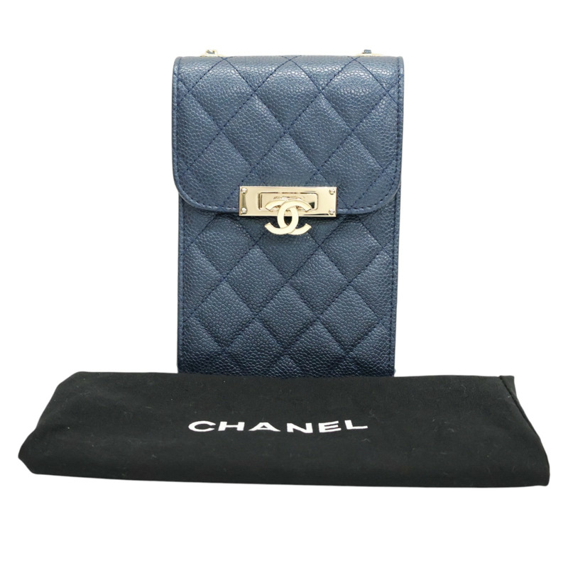 藍色 牛皮 Gold Class 手機包 肩背包 金釦 (無卡)【CHANEL 香奈兒】 A84051-7