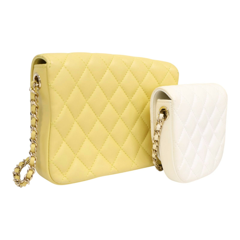 白/黃色 菱格紋 羊皮 NOVO BOLSA DOUBLE MINI FLAP 無卡 變色【CHANEL 香奈兒】 AS0649-1