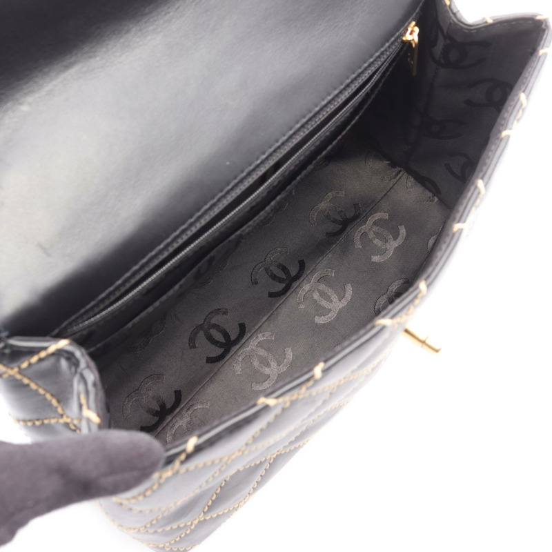 香奈兒 (CHANEL) 野性縫線頂部手柄手提包,黑色皮革,金色五金,二手,女士,Coco CC-2