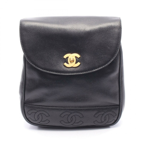 香奈兒 (CHANEL) 三重 COCO 標誌雙肩包，粒面小牛皮，黑色，金色五金，二手 CC