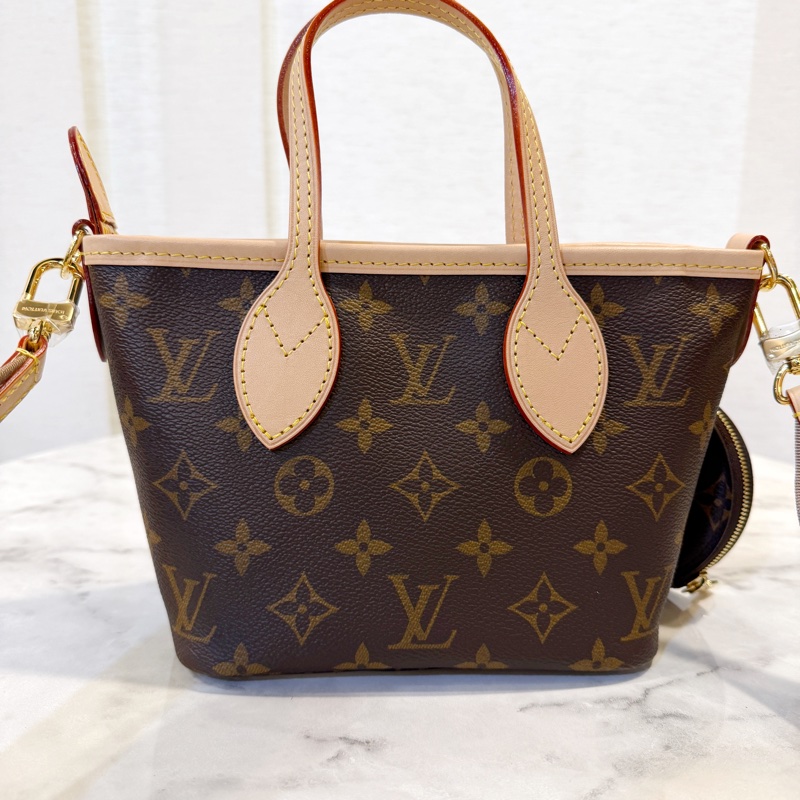 LV 原花金釦Neverfull BB手提斜背包-3