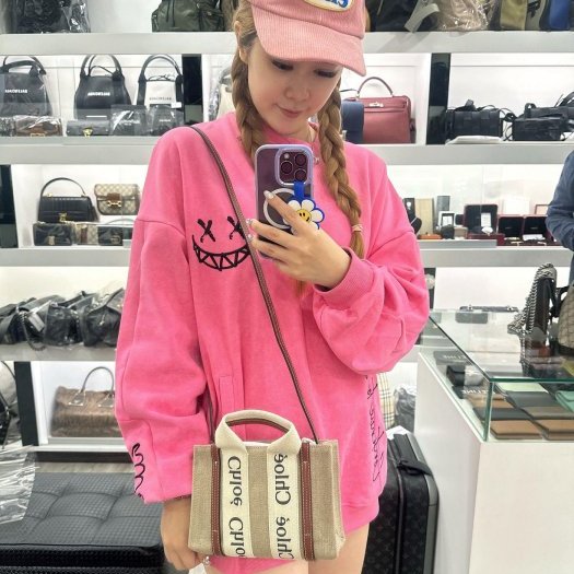 東區正精品㊣CHLOE MINI WOODY 全新迷你米白色帆布拼焦糖色皮革斜背包肩背包手提包 RA1745-2