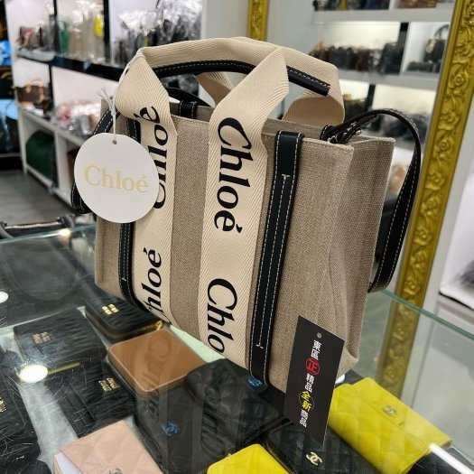 東區正精品㊣CHLOE Woody 全新新版深藍色皮革拼亞麻色帆布托特包手提包背帶斜背包兩用包小款 RZ5836-6