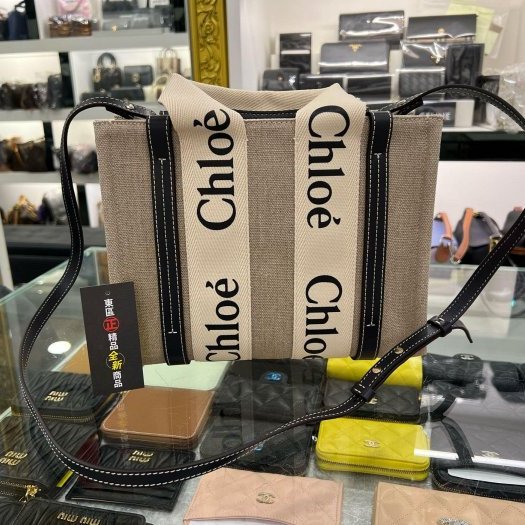 東區正精品㊣CHLOE Woody 全新新版深藍色皮革拼亞麻色帆布托特包手提包背帶斜背包兩用包小款 RZ5836-7