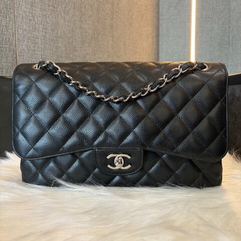 CHANEL 荔枝皮銀釦Jumbo 30 CM 黑色