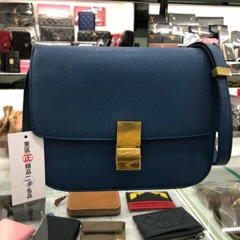 東區正精品㊣Celine MEDIUM CLASSIC BOX 孔雀藍中款小牛皮金扣肩背包方包 RA0407