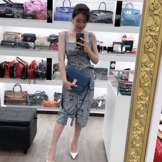 東區正精品㊣Celine MEDIUM CLASSIC BOX 孔雀藍中款小牛皮金扣肩背包方包 RA0407-3