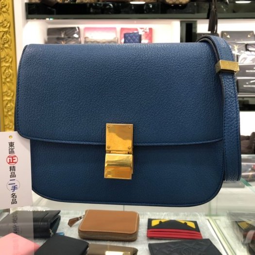東區正精品㊣Celine MEDIUM CLASSIC BOX 孔雀藍中款小牛皮金扣肩背包方包 RA0407-4
