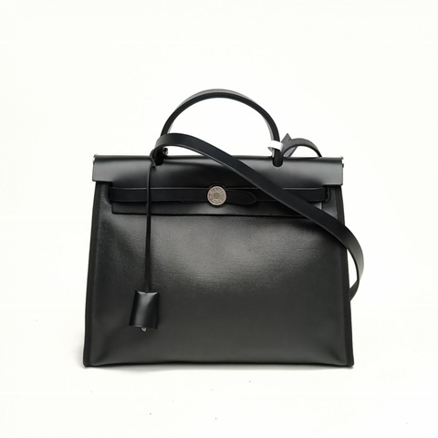 HERMES Herbag31黑色防水帆布/牛皮B刻銀扣肩背包