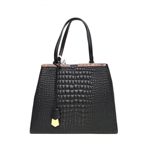 FENDI PETITE2JOURS大號黑色羊皮金扣仿鱷魚紋肩背包