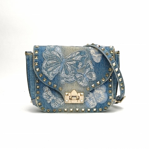 VALENTINO 牛仔藍帆布淺金扣鉚釘蝴蝶郵差斜挎包