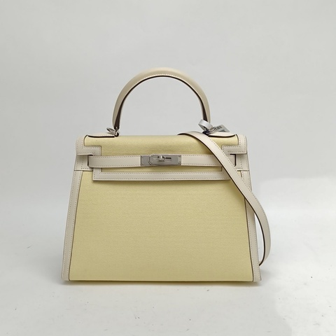 HERMES Kelly28奶油白Z刻銀扣帆布拼皮檸檬黃