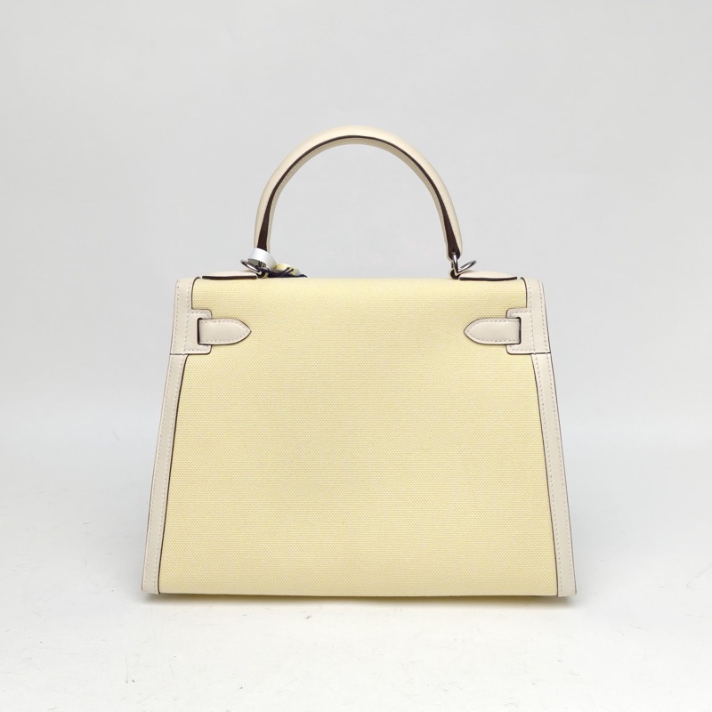 HERMES Kelly28奶油白Z刻銀扣帆布拼皮檸檬黃-2