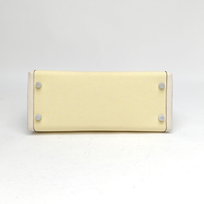 HERMES Kelly28奶油白Z刻銀扣帆布拼皮檸檬黃-3