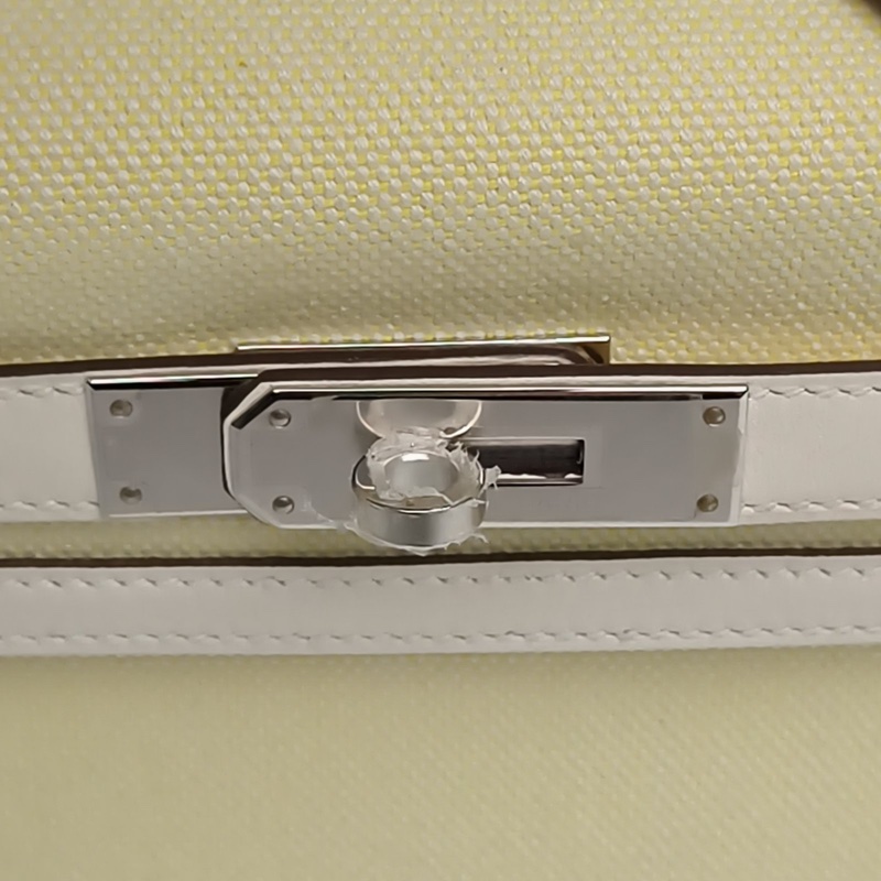 HERMES Kelly28奶油白Z刻銀扣帆布拼皮檸檬黃-5