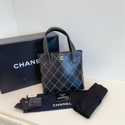 Chanel vintage Vivian黑金外缝线薇薇安手提菜篮子 牛皮菱格小号24*23*8cm