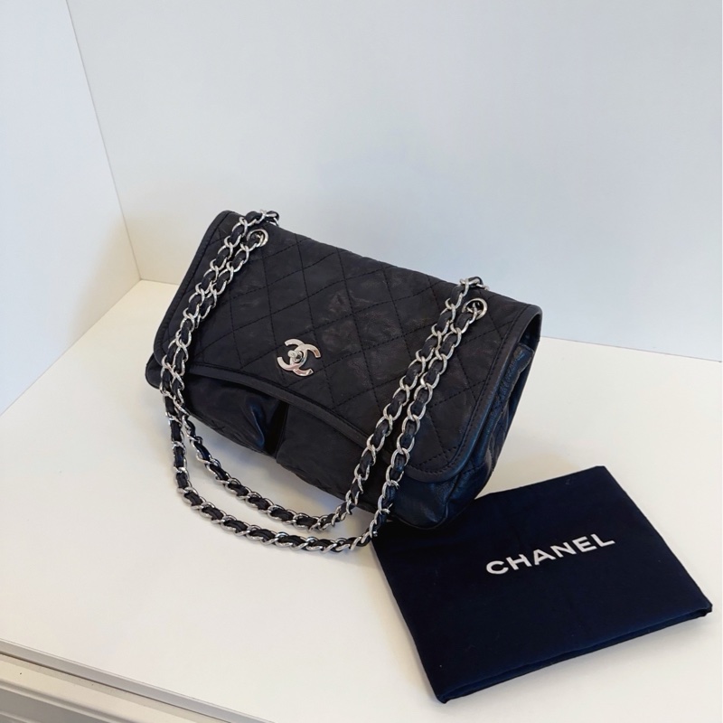 💎Chanel香奈兒|黑銀魚子醬雙口袋CF機場鏈條包|旋轉扣款 機車感十足-4