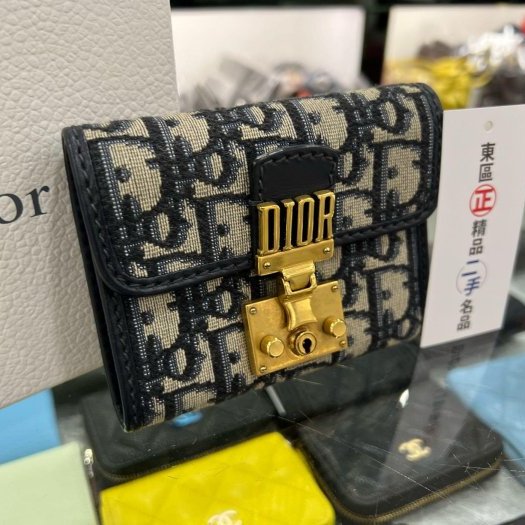 東區正精品㊣CHRISTIAN DIOR S2016CTZQ 藍色帆布馬鞍金釦內拉鍊三折釦子短夾 RZ5422-1