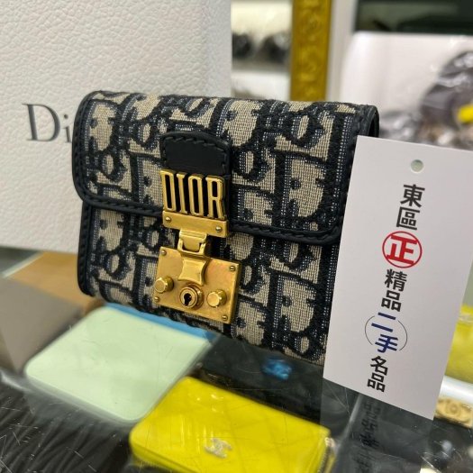 東區正精品㊣CHRISTIAN DIOR S2016CTZQ 藍色帆布馬鞍金釦內拉鍊三折釦子短夾 RZ5422-2