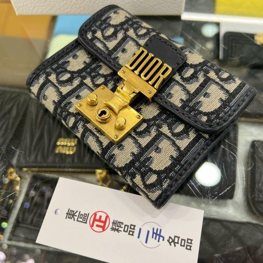 東區正精品㊣CHRISTIAN DIOR S2016CTZQ 藍色帆布馬鞍金釦內拉鍊三折釦子短夾 RZ5422-6