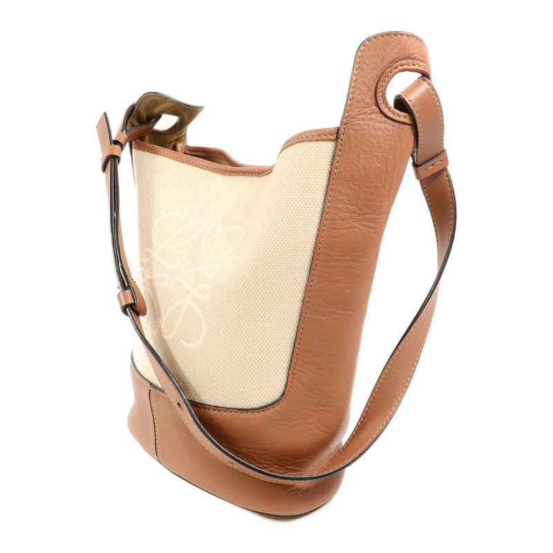 LOEWE 帆布/牛皮皮革Anagram Hobo Bucket Bag肩背袋-2