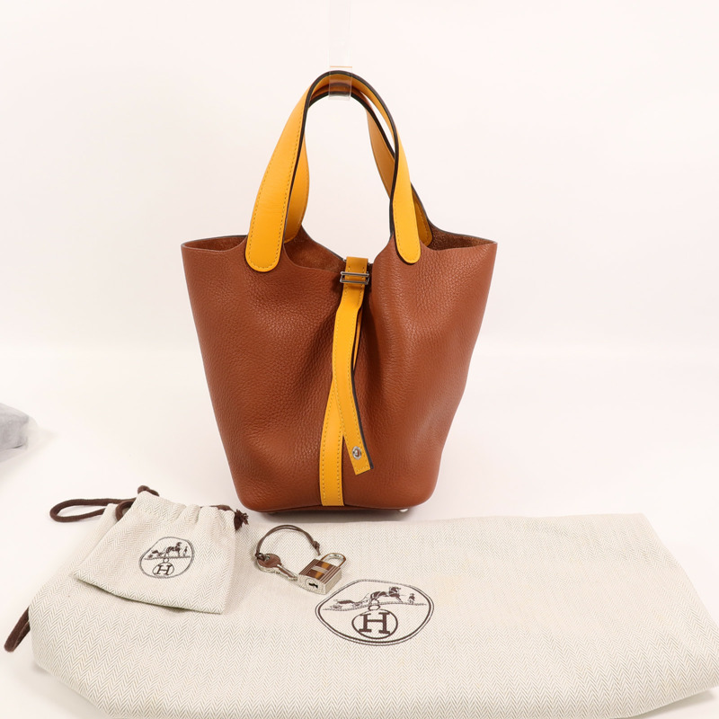 HERMES Clemence皮革Picotin PM手挽袋Cuivre/Jaune d'Or-8