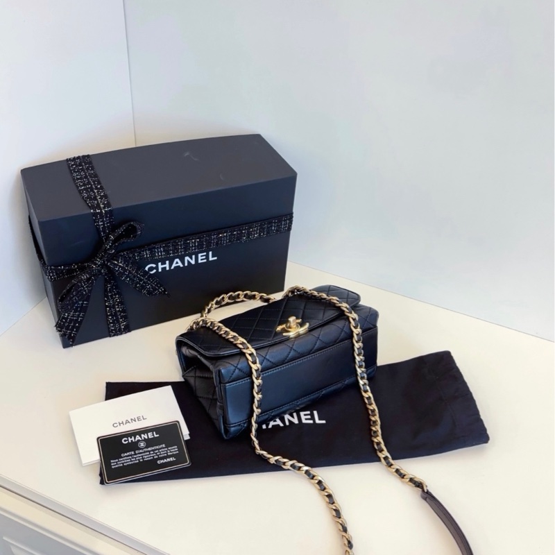 Chanel香奈儿 黑金top Handle CF手柄邮差包 横版小号21*12*9 字母logo金杆-5