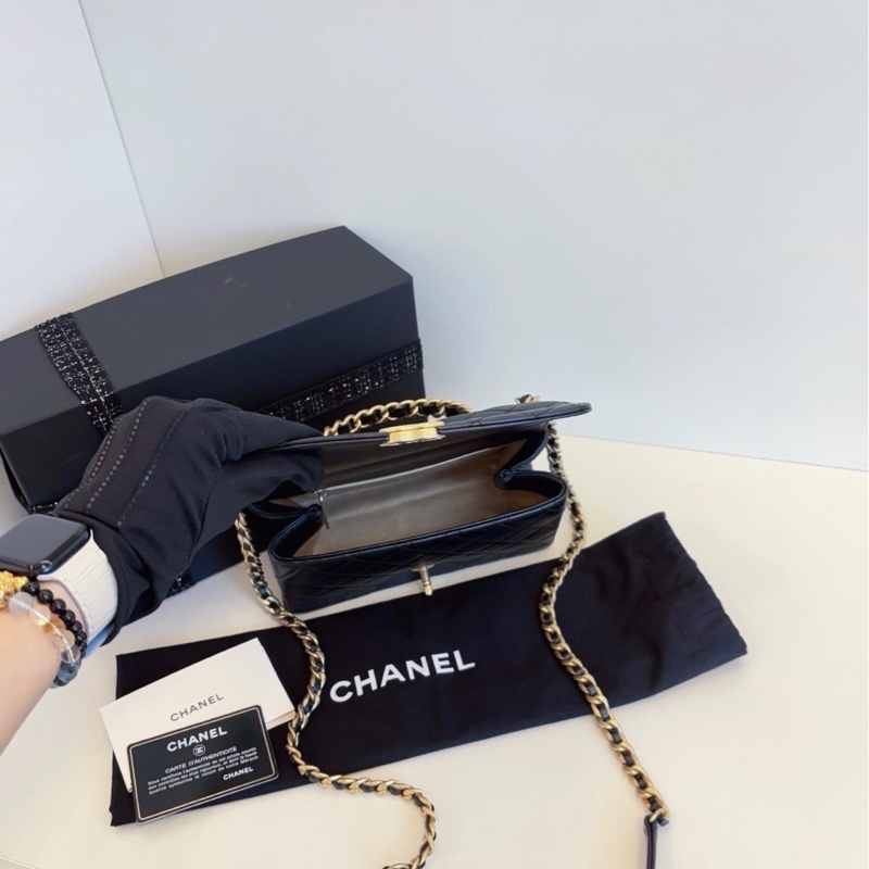 Chanel香奈儿 黑金top Handle CF手柄邮差包 横版小号21*12*9 字母logo金杆-6