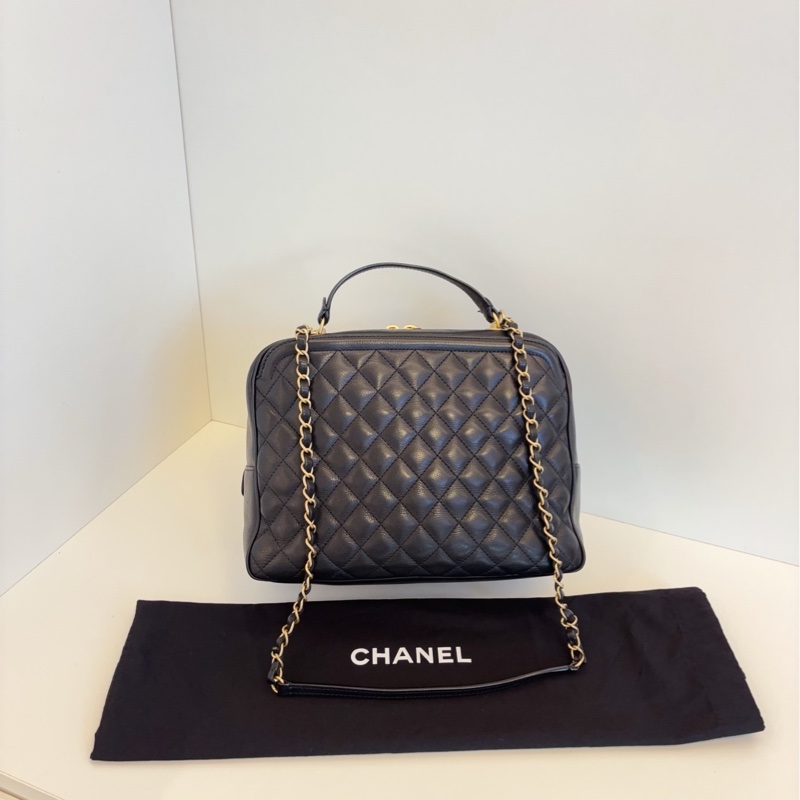 Chanel 香奈儿 黑金荔枝牛皮手提大盒子 化妆包 26开27*20*12-2