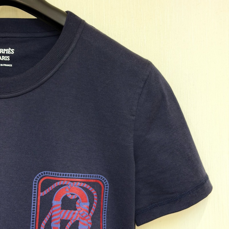 Hermes Micro Canoe T-Shirt Navy Blue 100% Cotton XB533-2