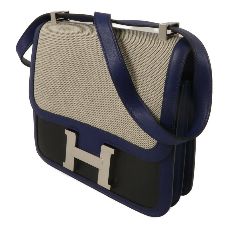 HERMES Swift皮革/Toile帆布Constance 24肩背袋Bleu Sapphire/Noir-1
