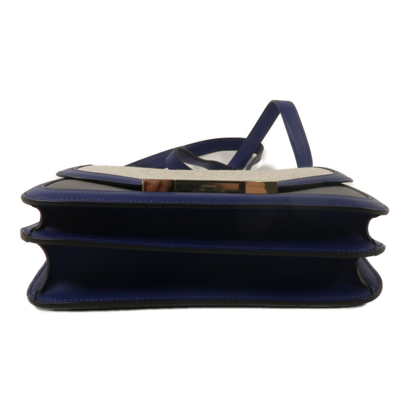 HERMES Swift皮革/Toile帆布Constance 24肩背袋Bleu Sapphire/Noir-3