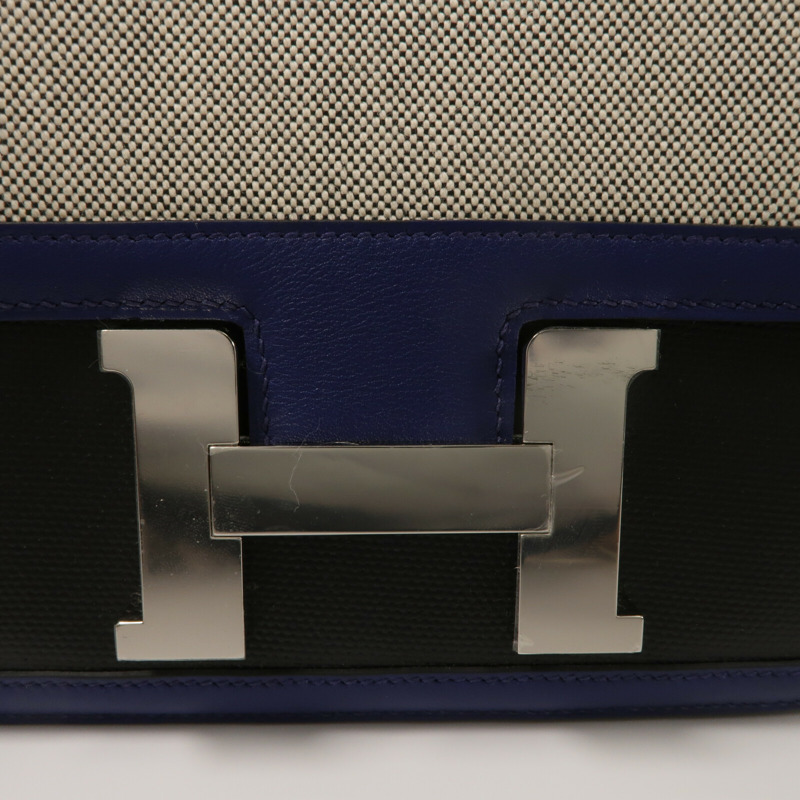 HERMES Swift皮革/Toile帆布Constance 24肩背袋Bleu Sapphire/Noir-8