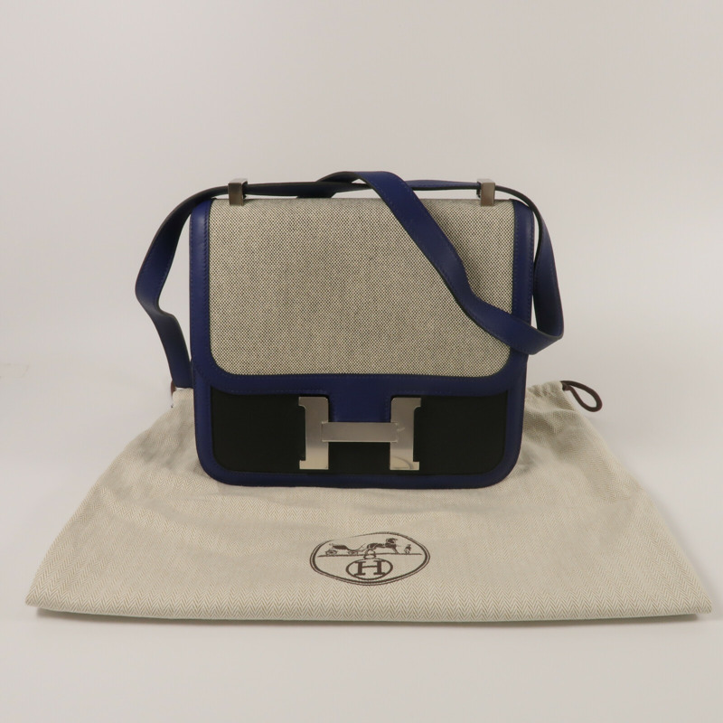 HERMES Swift皮革/Toile帆布Constance 24肩背袋Bleu Sapphire/Noir-10