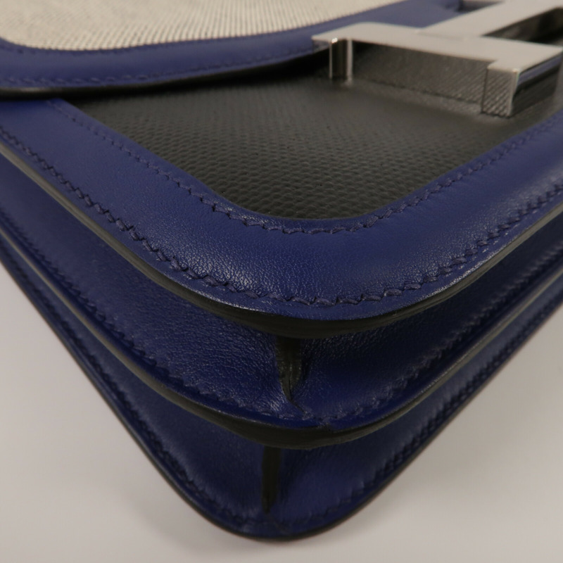 HERMES Swift皮革/Toile帆布Constance 24肩背袋Bleu Sapphire/Noir-11