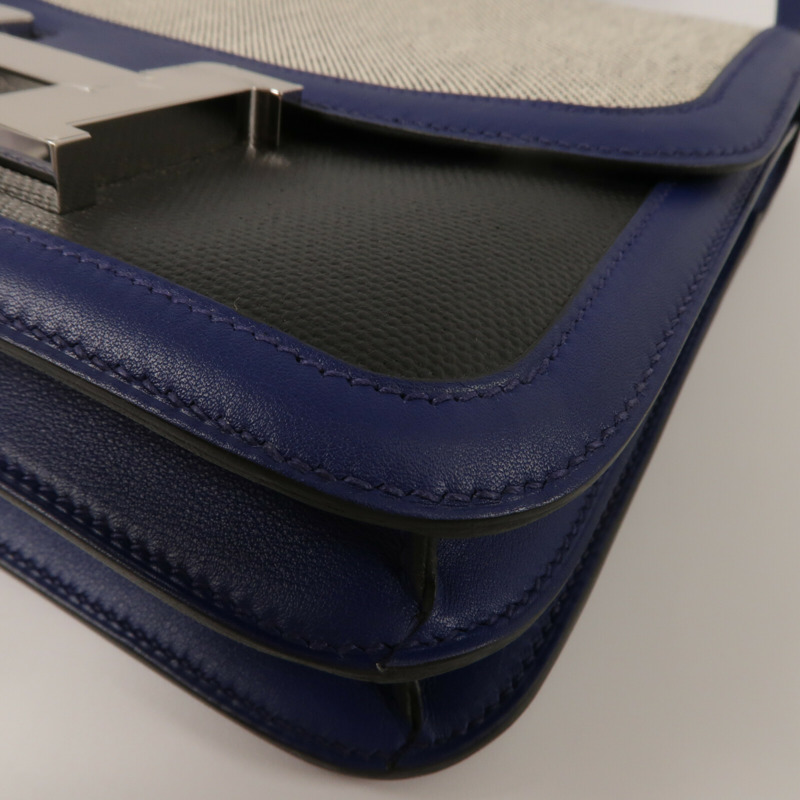 HERMES Swift皮革/Toile帆布Constance 24肩背袋Bleu Sapphire/Noir-12
