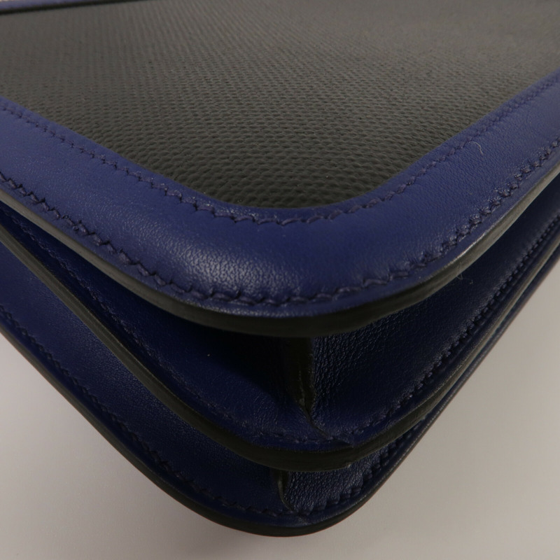 HERMES Swift皮革/Toile帆布Constance 24肩背袋Bleu Sapphire/Noir-13