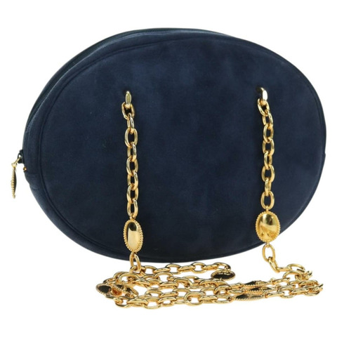 Christian Dior 鏈條肩背包 麂皮 海軍藍 金色 正品 BA12652V