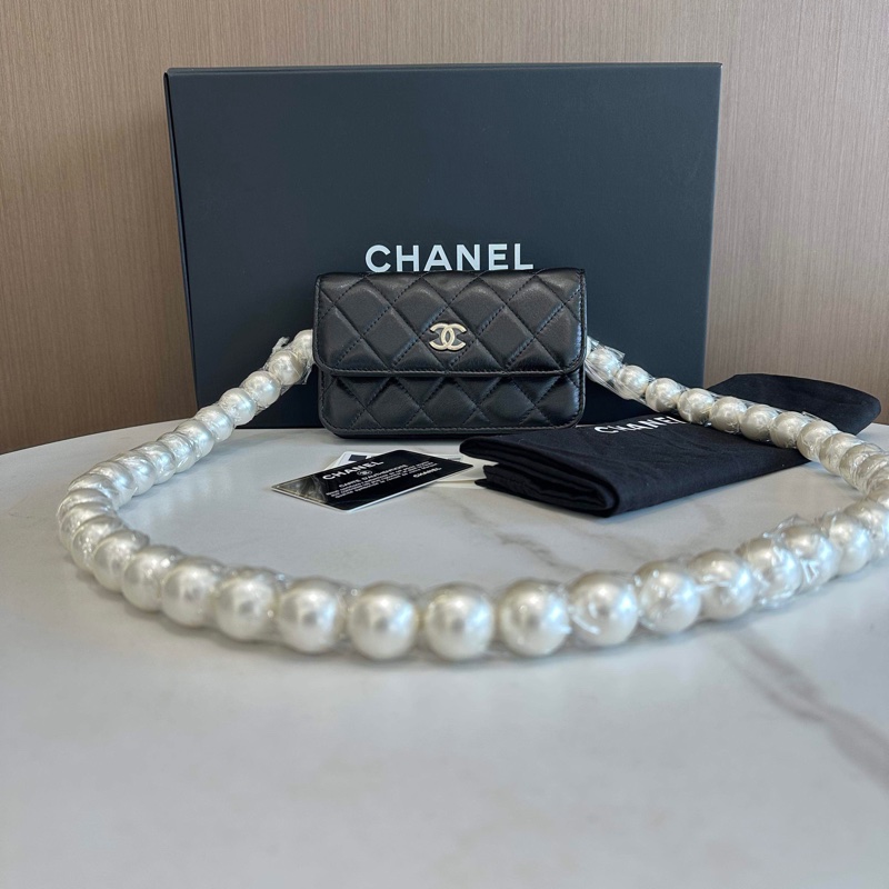 香奈兒/Chanel 珍珠挎包黑色淡金扣 小羊皮 -8