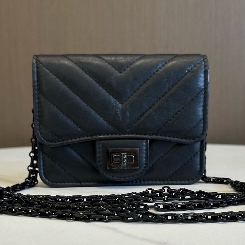Chanel 香奈兒 255 so black 小廢包 黑色牛皮V紋 鏈條卡包。-0