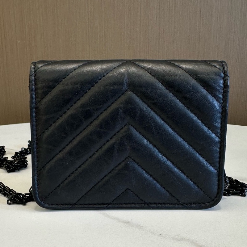 Chanel 香奈兒 255 so black 小廢包 黑色牛皮V紋 鏈條卡包。-3