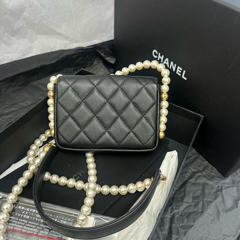 Chanel香奈兒黑色羊皮金扣珍珠鏈條mini斜挎包-3