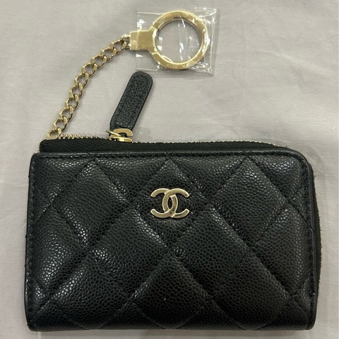 Chanel香奈兒全新零錢包鑰匙圈鑰匙包黑色荔枝牛皮