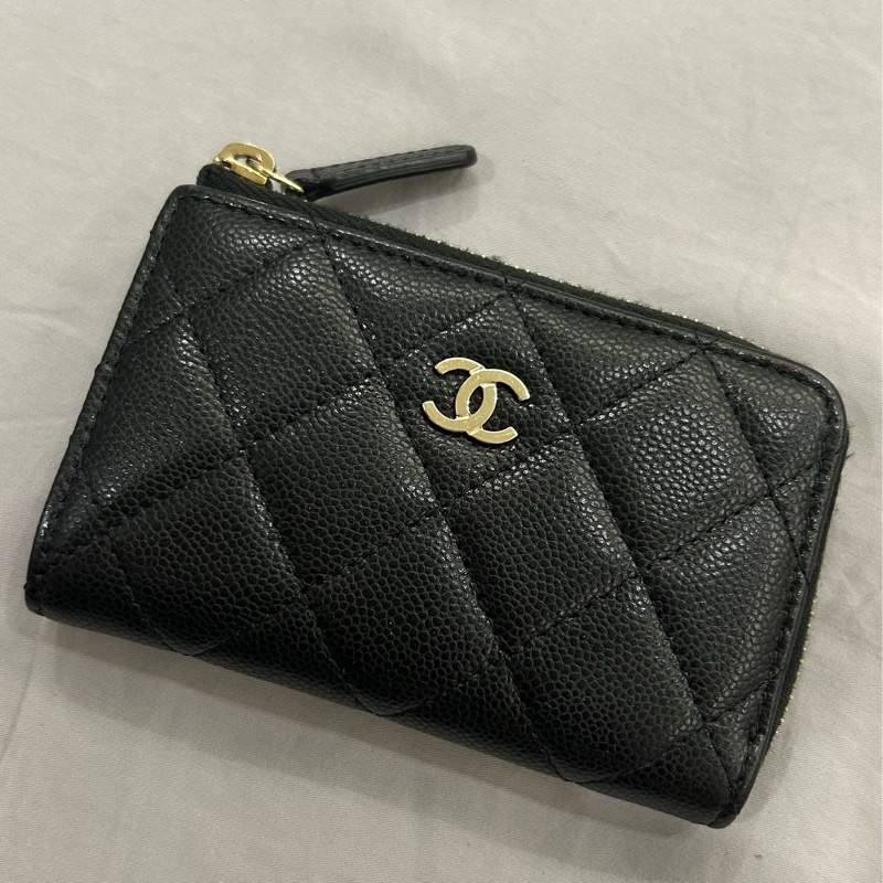 Chanel香奈兒全新零錢包鑰匙圈鑰匙包黑色荔枝牛皮-1
