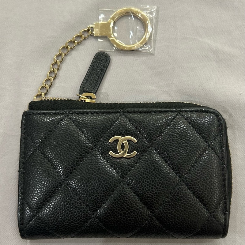 Chanel香奈兒全新零錢包鑰匙圈鑰匙包黑色荔枝牛皮-5