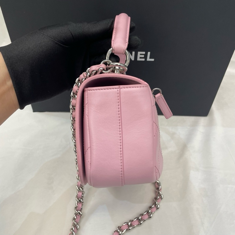Chanel香奈兒 粉色翻蓋手柄郵差包 23開有卡-3